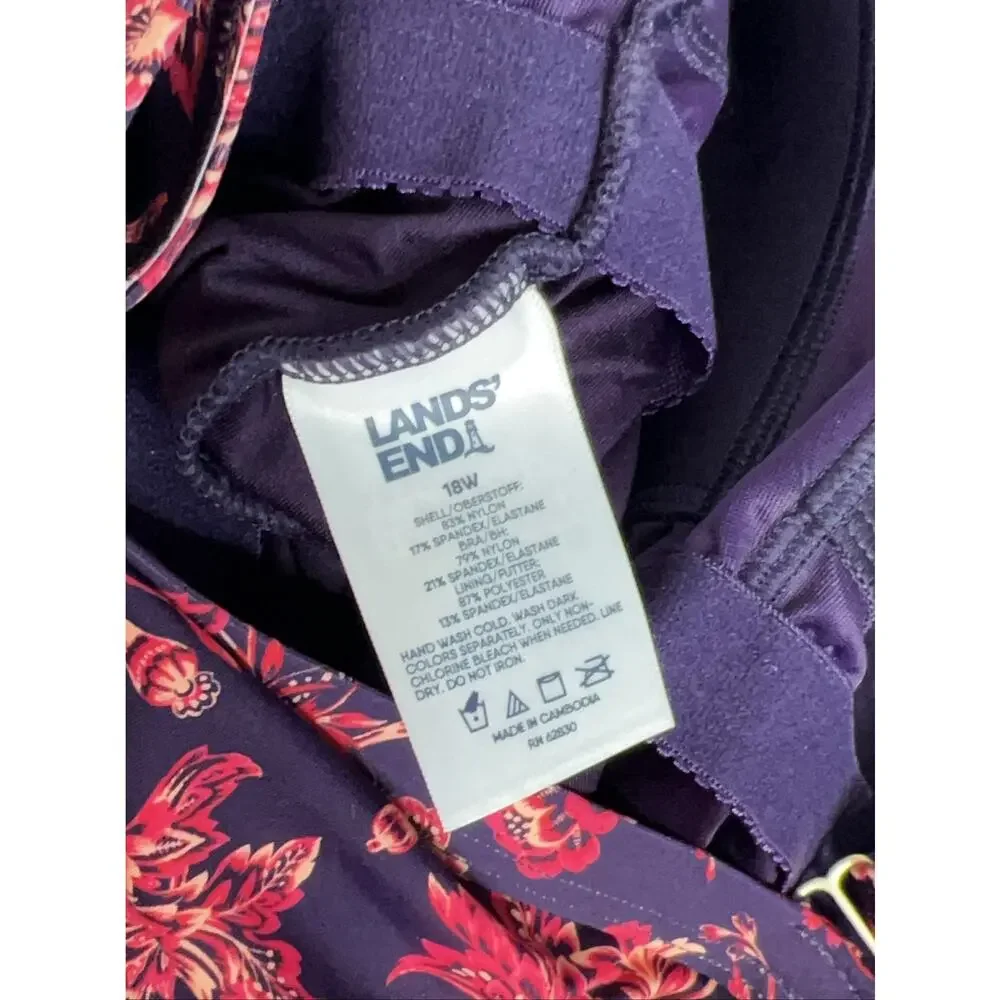 Lands' End Floral Print Swim Dress Women's Plus 18W Built-in Bra Purple Red